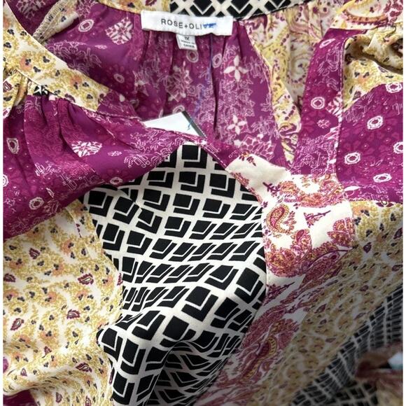 Rose & Olive Top 1X Patchwork Blouse Chiffon Boho Artsy Purple Yellow Black - Picture 8 of 8